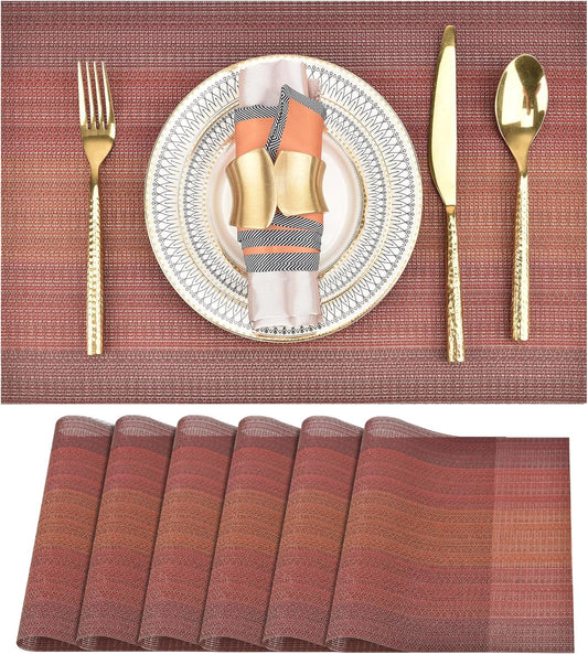 SLKQG Placemats Set of 6 - Easy Clean Washable Vinyl Placemats - Wipeable Heat Resistant Table Mats for Dining Table - 17.7x11.8 Inch (6, Red Gradient)