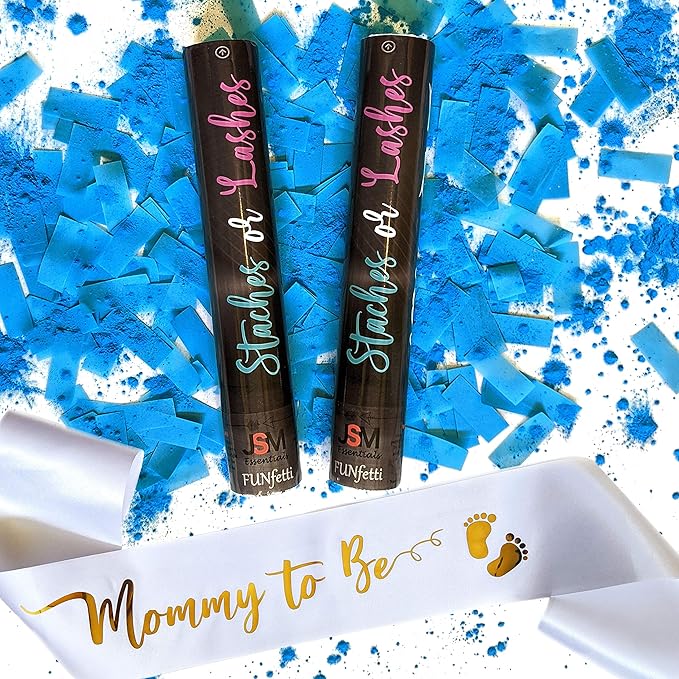 Gender Reveal Confetti and Powder Popper for Themed Baby Boy or Girl Gender Reveal Party and Celebration (Staches Or Lashes, What Will You Be?) Set of 2 Poppers. (Blue Confetti & Powder, Set of 2)