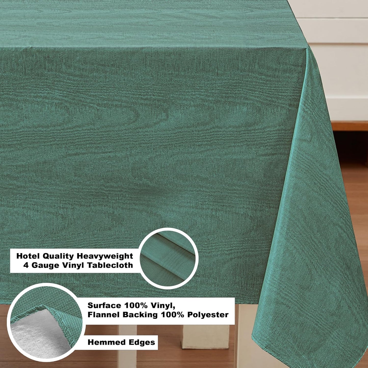Newbridge Vinyl Flannel Backed Tablecloth, 60 x 120 Inch Rectangle, Hunter Green Moire Wavy Solid Design, Heavyweight Indoor Outdoor Waterproof Table Cover, Easy Care Wipe Clean