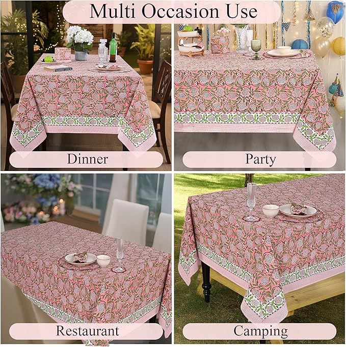 Ridhi Hand Block Print Strawberry Pink Rectangle Cotton Tablecloth 190" x 72" Reusable Table Cover Decorative Everyday Use for Dining, Farmhouse, Home Gift for Spring, Easter, Valentine