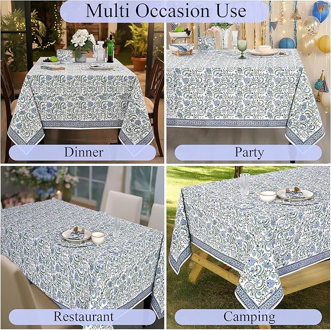Ridhi Hand Block Print Columbia Blue Rectangle Cotton Tablecloth 108" x 70" Reusable Table Cover Decorative Everyday Use for Dining, Farmhouse, Home Gift for Spring, Easter, Valentine