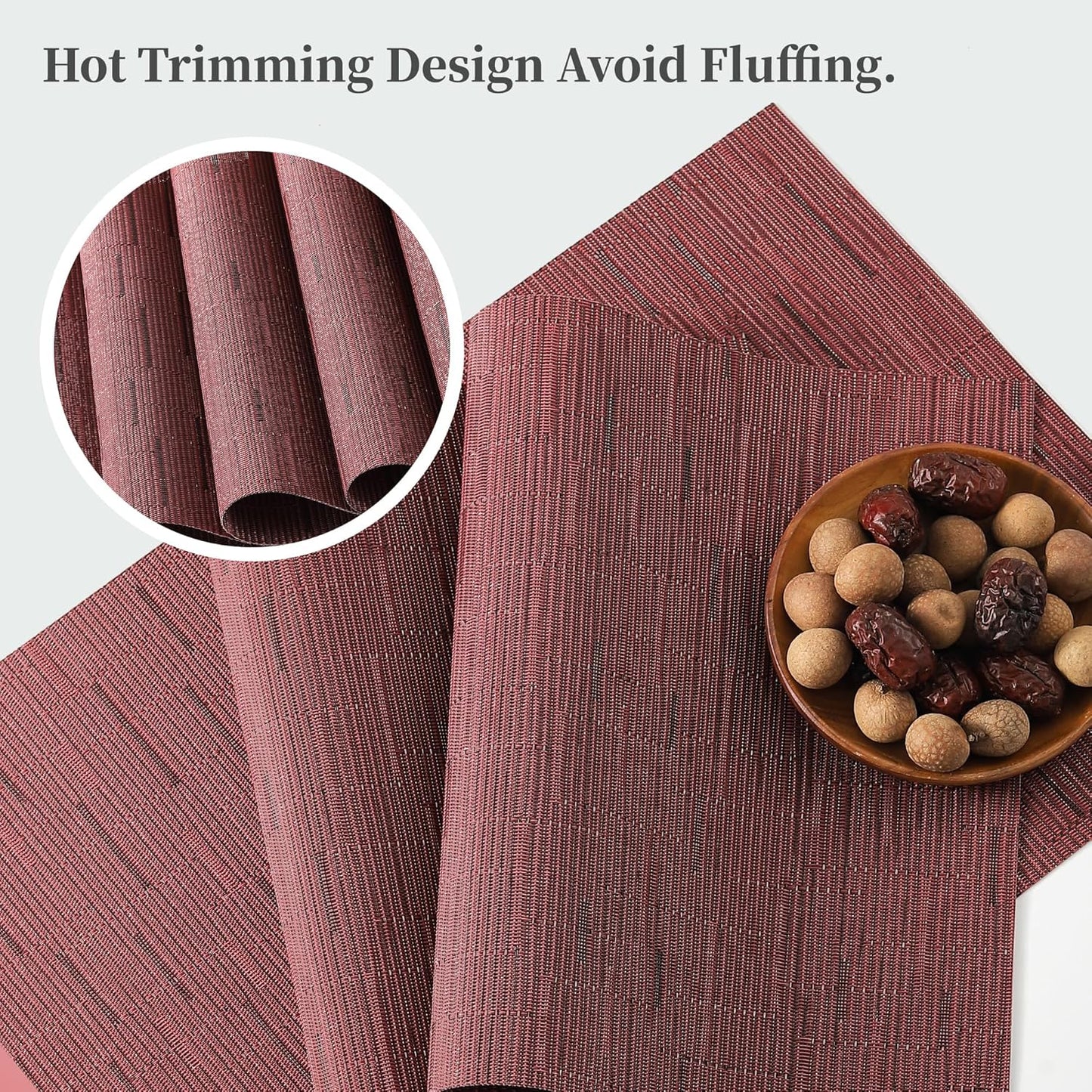 Leetaltree Burgundy Placemats Set of 8 - Heat Resistant Non-Slip Place mats for Dining Table, Washable Durable PVC Vinyl Woven Table Mats（Burgundy, 8）