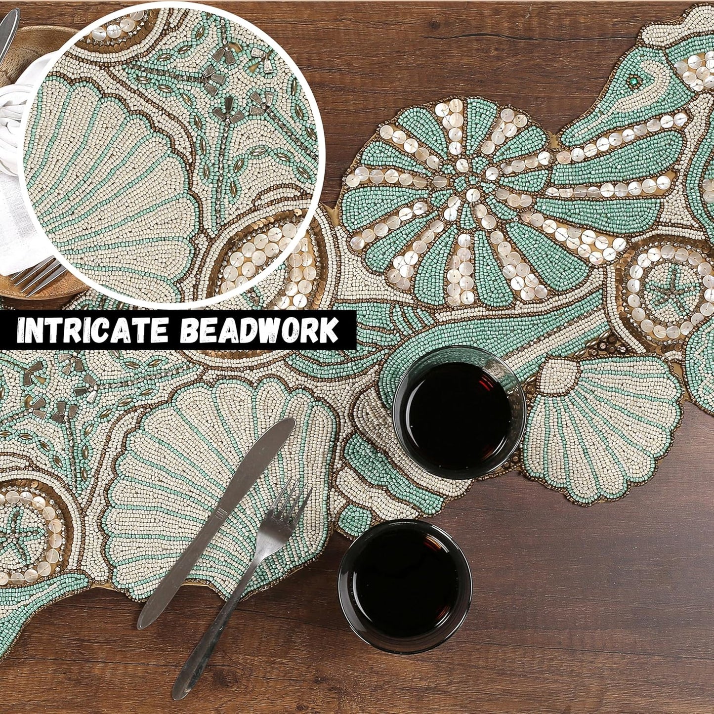 Handcrafted Beaded Table Runner - 36x13 Inch, Coastal Animal Design in Fern Green Ivory - Ideal for Farmhouse, Bridal Shower, and Christmas Decor (Green Brown) - CLEENTABLE