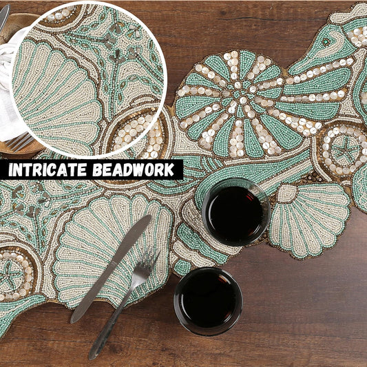 Handcrafted Beaded Table Runner - 36x13 Inch, Coastal Animal Design in Fern Green Ivory - Ideal for Farmhouse, Bridal Shower, and Christmas Decor (Green Brown) - CLEENTABLE