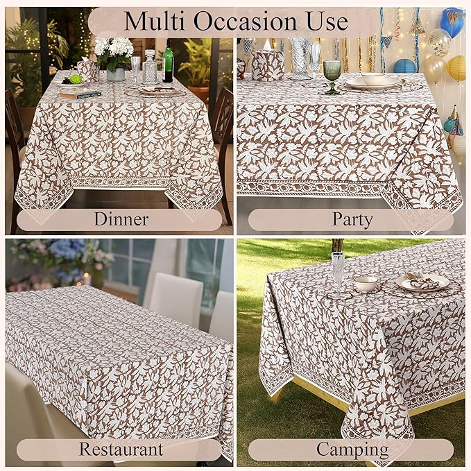 Ridhi Hand Block Print Oak Brown Square Cotton Tablecloth 60" x 60" Reusable Table Cover Decorative Everyday Use for Dining, Farmhouse, Home Gift for Spring, Easter, Valentine