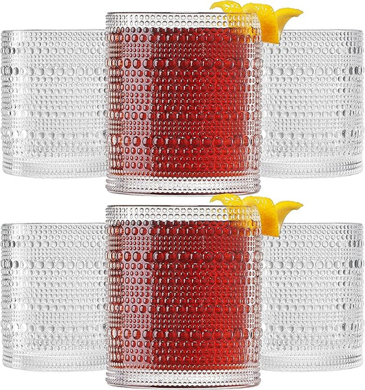 Plastic Hobnail Drinking Glasses Set of 6 Tritan Lowball Cups 14oz, Shatterproof & Unbreakable Acrylic Beaded Design, BPA-Free, Dishwasher Safe Indoor/Outdoor Drinkware for Water, Juice, Cocktails