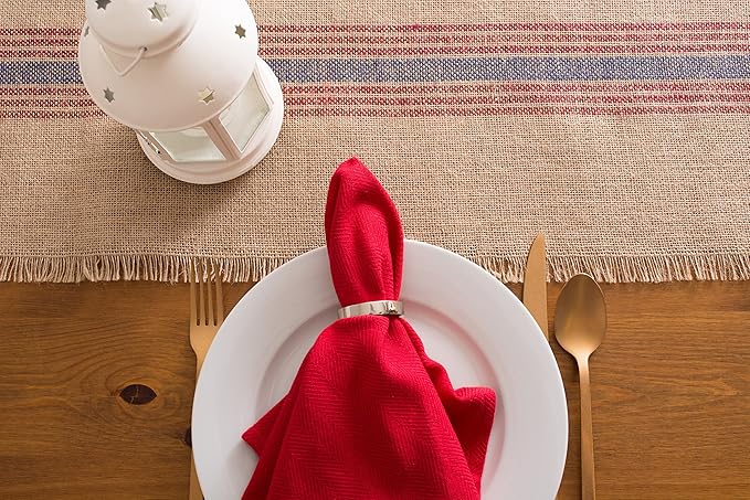 DII Jute Burlap Collection Kitchen Tabletop, Table Runner, 14x72, Middle Stripe Blue/Red