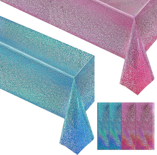 4 Pcs Pink&Blue Holographic Laser Tablecloths Iridescence Shiny Table Covers 40" x 108" Foil Rectangle Table cloths for Baby Shower Undersea Ocean Birthday Party Winner Wedding Party Décor