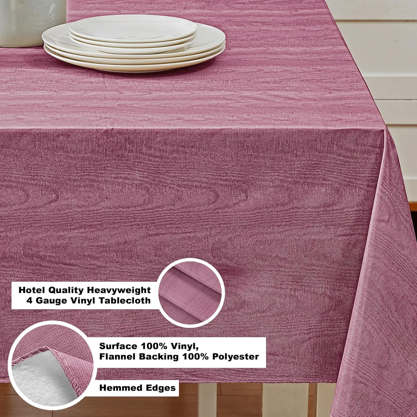 Newbridge Vinyl Flannel Backed Tablecloth, 60 x 120 Inch Rectangle, Burgundy Moire Wavy Solid Design, Heavyweight Indoor Outdoor Waterproof Table Cover, Easy Care Wipe Clean