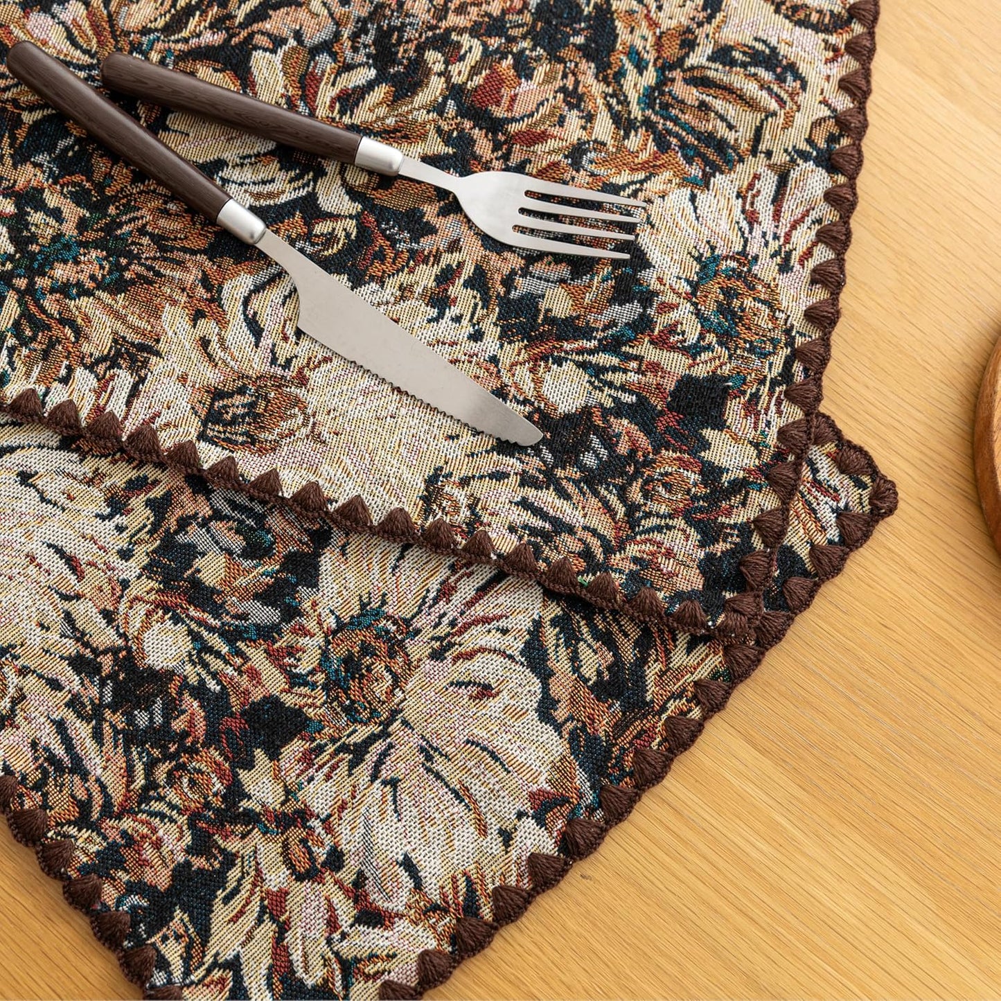 Boho Embroidery Table Runner Accessories Set of 4 Flower Fall Kitchen Dining Table Decoration for Home Party Decor 13x18inch