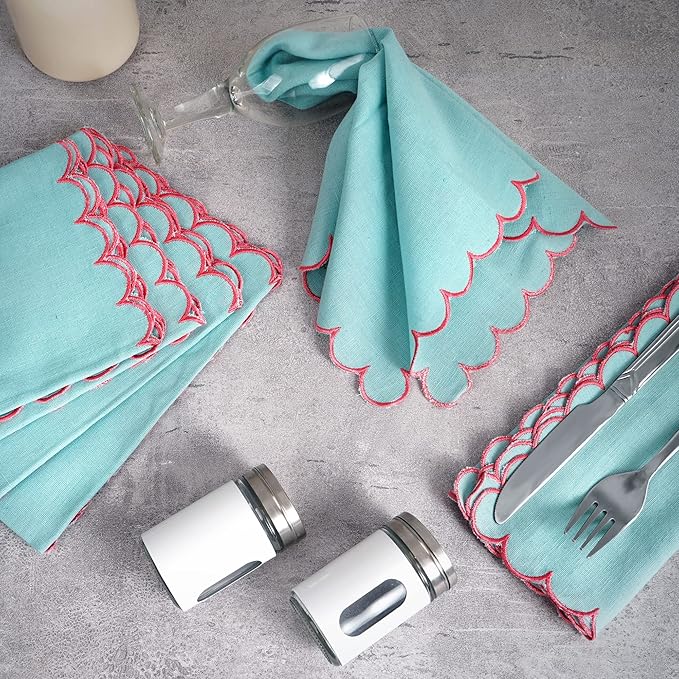 FINGERCRAFT Cloth Napkins, Everyday Use Reversible Scallop Design, Premium Quality Cotton Linen Blend Napkin Set of 6 Perfect for Parties Dinners Weddings Easter Napkin Cloth 20x20 Inch Aqua