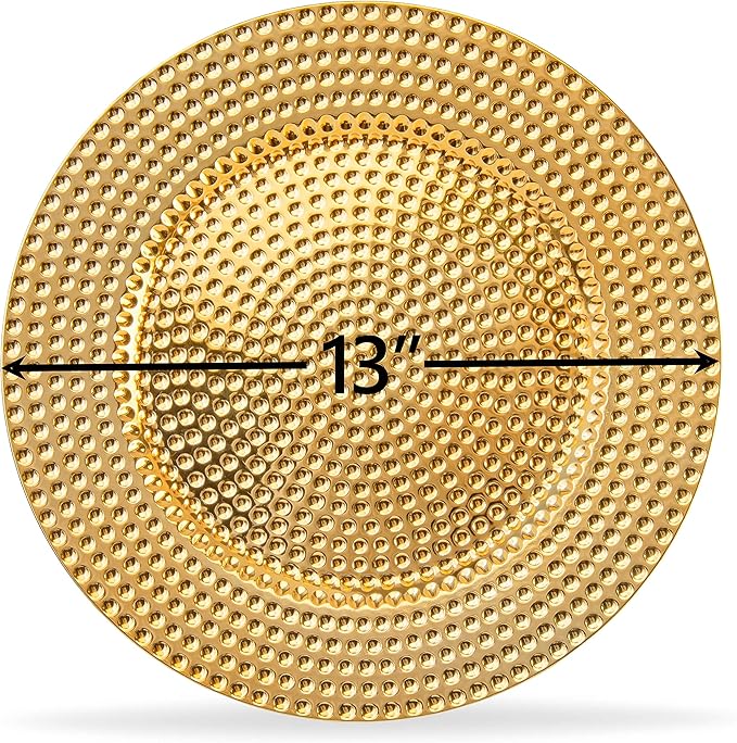 13 Inch Round Elegant Serve ware Charger Plates with Matching Napkin Rings, Wedding, Dinner party, Event - Choose from our Variety of Styles and Quantities (12, Hammered Gold)