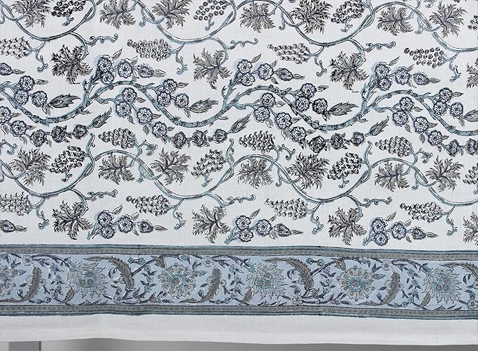 Ridhi Hand Block Print Baby Blue Eyes Rectangle Cotton Tablecloth 108" x 70" Reusable Table Cover Decorative Everyday Use for Dining, Farmhouse, Home Gift for Spring, Easter, Valentine