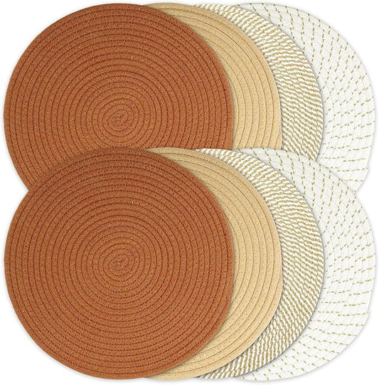 Kochorie Set of 8 Round Woven Cotton Placemats, 13 Inch Boho Table Mats for Kitchen and Dining Table, Farmhouse Heat Resistant Washable Trivets, Fall Thanksgiving Christmas Décor (Mixed Brown)