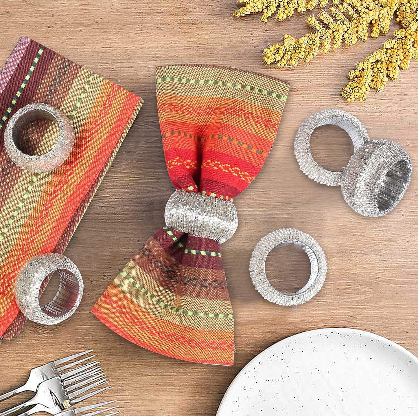 Lightnpro Beaded Napkin Ring Set of 12 - Elegant Decorative Napkin Holder for Dining Table Decor, Weddings, Banquets, Birthday Parties, Thanksgiving, Special Occasion, Holiday & Everyday Use - Silver