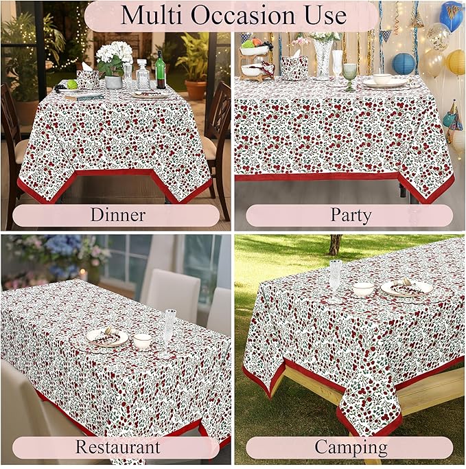 Ridhi Hand Block Print Garnet Red Rectangle Cotton Tablecloth 160" x 72" Reusable Table Cover Decorative Everyday Use for Dining, Farmhouse, Home Gift for Spring, Easter, Valentine