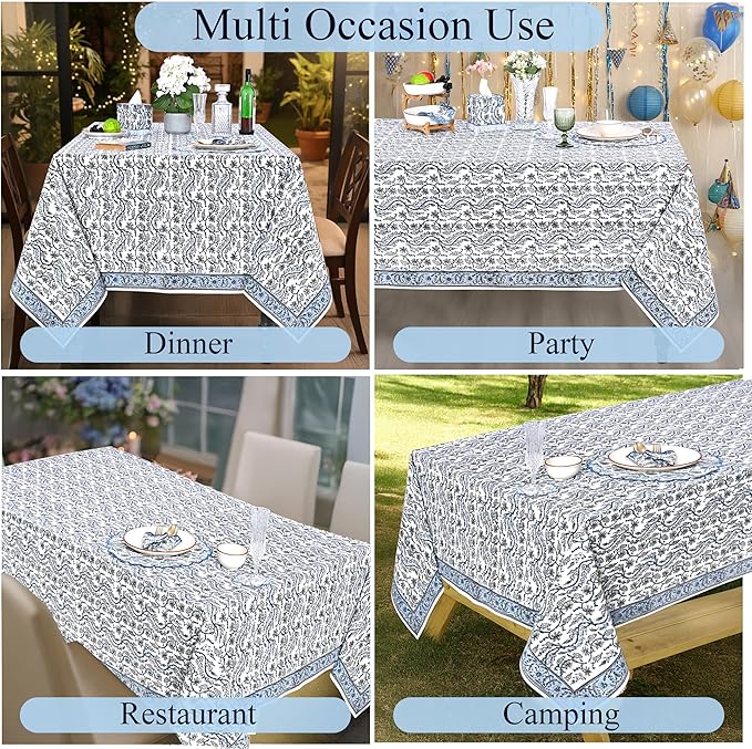 Ridhi Hand Block Print Baby Blue Eyes Rectangle Cotton Tablecloth 160" x 72" Reusable Table Cover Decorative Everyday Use for Dining, Farmhouse, Home Gift for Spring, Easter, Valentine