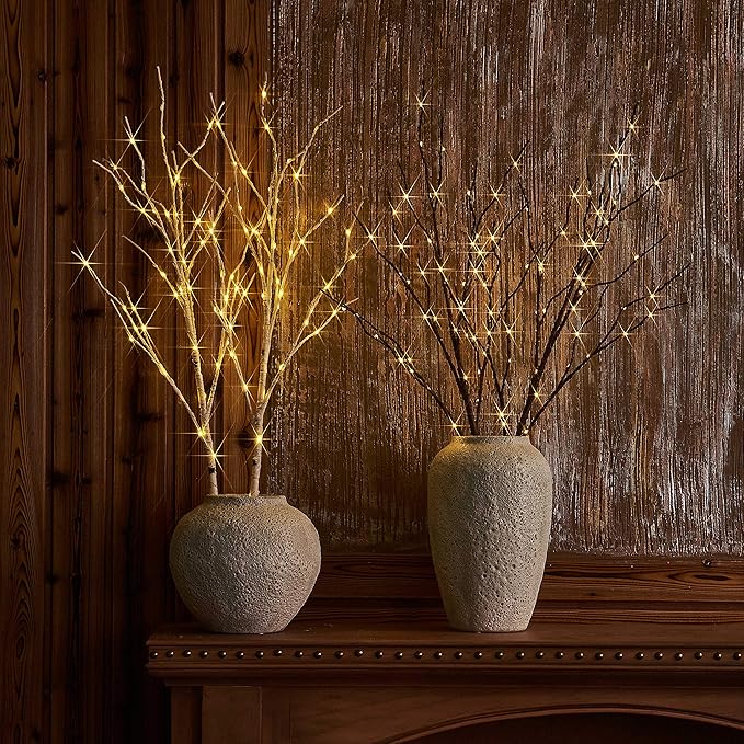 LITBLOOM Lighted White Birch Willow Branches with Timer Battery Operated Set of 2, Tree Branch with Warm White Lights for Holiday and Party Decoration 30IN 100 LED Waterproof