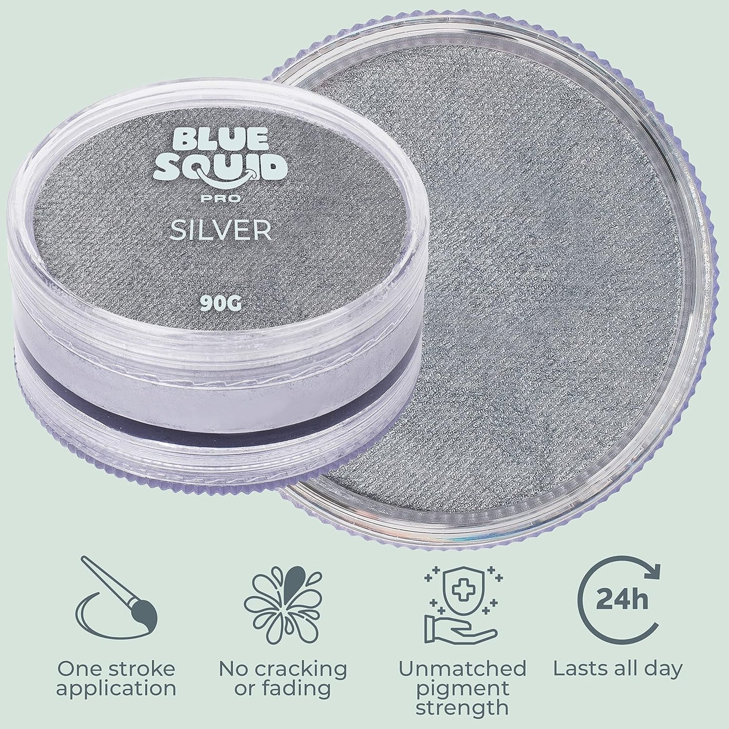 Blue Squid PRO Face Paint - Professional Water Based Single Cake Facepaint & Body Paints - SFX Makeup, Kids Adults Face Painting for Costume, Halloween, Cosplay - Metallic Silver 90g / 3oz