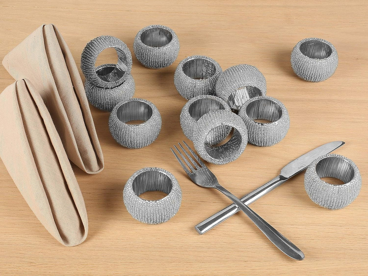 Handmade Beaded Napkin Rings Set of 6 - Silver Napkin Holders, 2-Inch Elegant Table Décor, Handcrafted by Skilled Artisans - Perfect for Weddings, Parties & Everyday Dining