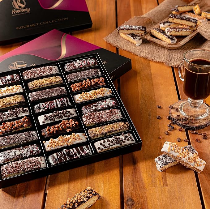 KREMERY Creamy Chocolate Cravings - Halloween Treats For Adults Chocolate Covered Biscotti Cookies Gift Basket, in Elegant Gift Box (24 Biscotties, Assorted Sweet Toppings) Holiday Xmas Christmas