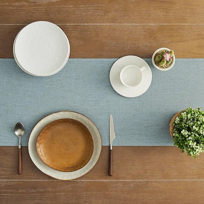 ZeeMart Linen Blend Table Runner, Blue 13x108 Inch, Farmhouse Burlap Linen Style Rustic Blue Table Runners 108 Inches Long