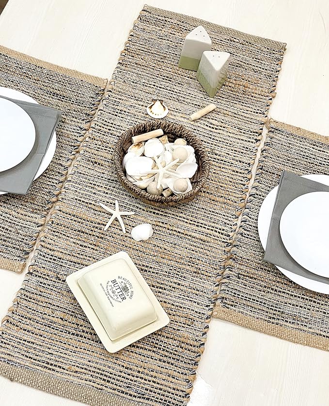 Chardin home Natural Jute Table Runner 13x36 Inch – Vintage Boho Rustic Table Decor – Handwoven Table Runner in Natural Jute and Grey – Farmhouse Dining or Console Table Accent