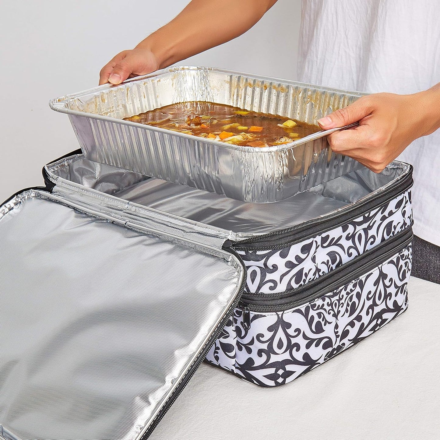Double Insulated Casserole Carrier Fit 9"x13" Lasagna Baking Dish Pan for Hot or Cold Food Transport,Portable Thermal Reusable Lunch Warmer Tote Bag for Gathering,Camping,Cookouts,Parties-Black