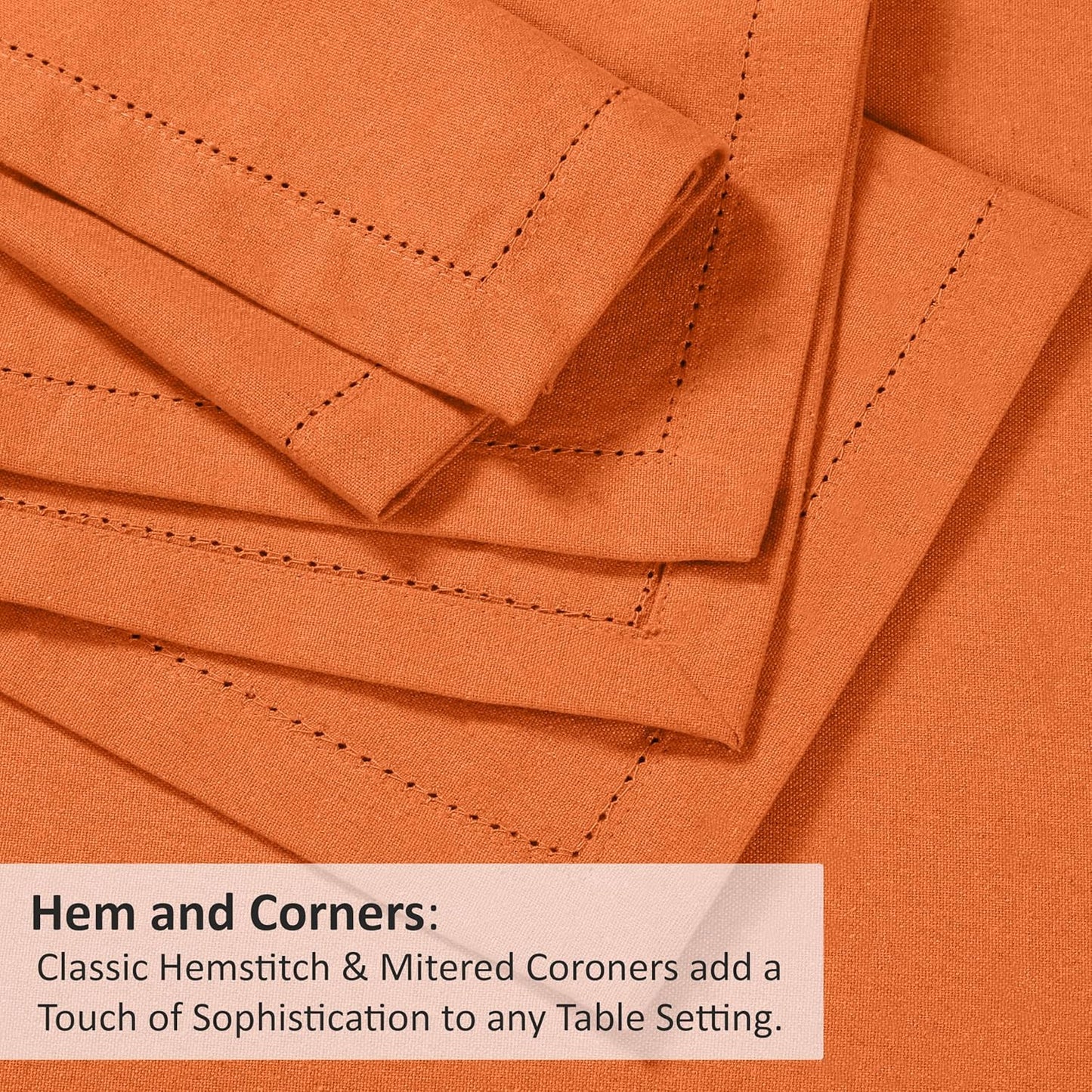 Ruvanti Premium Linen Napkins Set of 6-20x20 Inch, Classic Hemstitch, Mitered Corner Cloth Napkins ‎- Soft, Elegant Dinner Napkins Cloth Washable for Weddings, Parties, Everyday Use - Fall/Orange