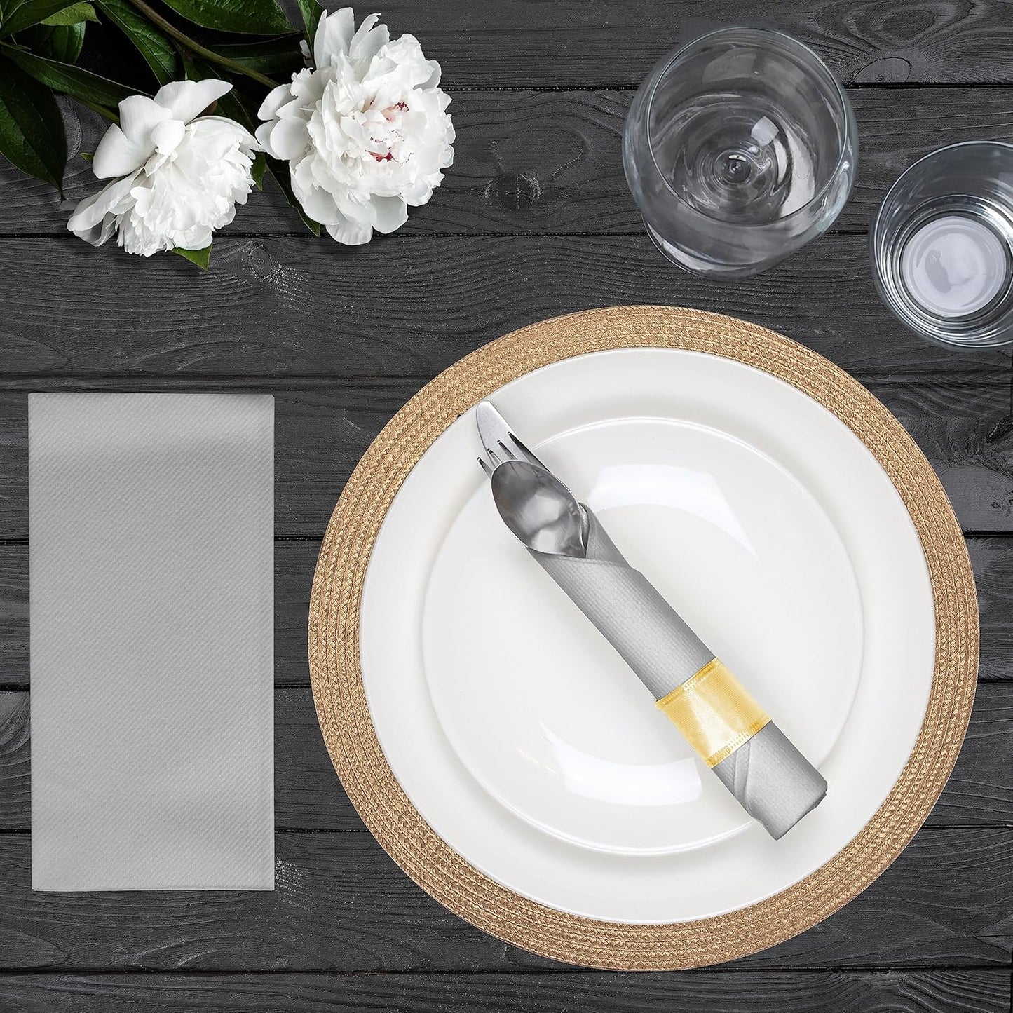 AMERICAN HOMESTEAD Paper Napkins - Silver Disposable Linen-Like Dinner Napkins - Restaurant-Quality Table Serviettes for Weddings, Parties, and Events - 15.75" x 15.75" - 50 Count