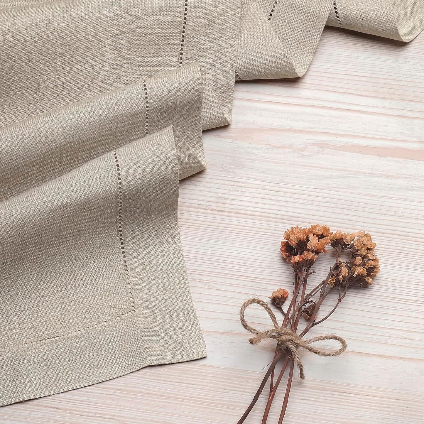 D'Moksha Homes Linen Natural Table Runner 84 Inches Long - 100% Pure Linen Table Runner 14 x 84 Inch for Fall, Autumn and Halloween - Classic Hemstitch