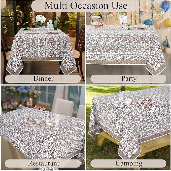 Ridhi Hand Block Print Coral Pink Rectangle Cotton Tablecloth 190" x 72" Reusable Table Cover Decorative Everyday Use for Dining, Farmhouse, Home Gift for Spring, Easter, Valentine