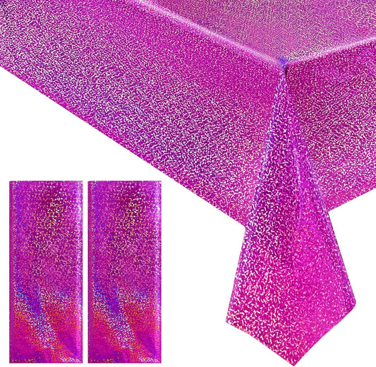 2 Pcs Fuchsia Red Holographic Plastic Tablecloths Laser Table Covers 40" x 108" Foil Disposable Table Cloths for Themed Birthday Party Wedding Christmas Holiday Party Decorations