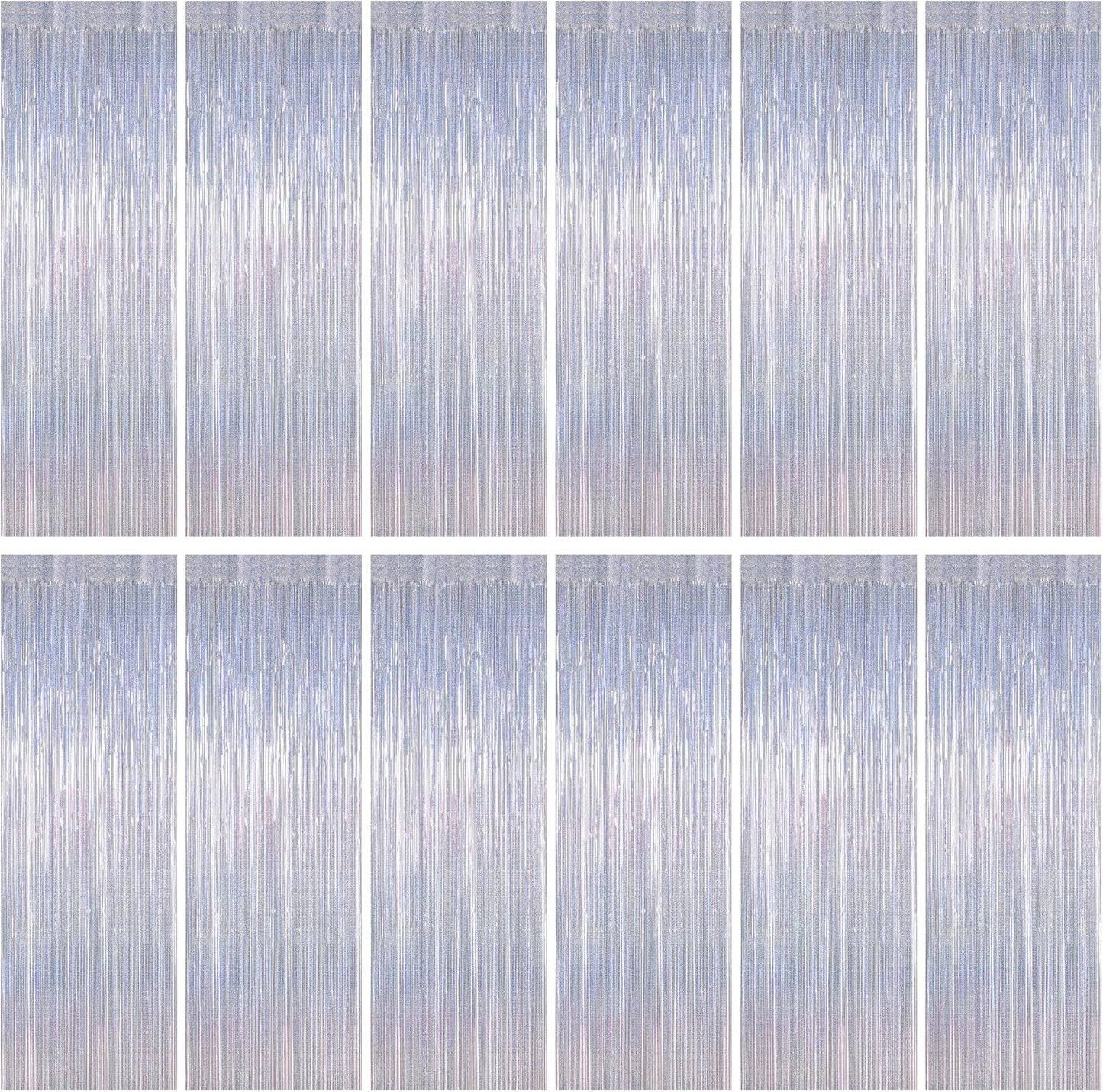 12 Pack Fringe Backdrop, 3.28 FT x 7.08 FT Glitter Silver Tinsel Curtain, Metallic Foil Curtains Party Streamer Disco Backdrop, Silver Party Decorations for Bachelorette Birthday Holiday