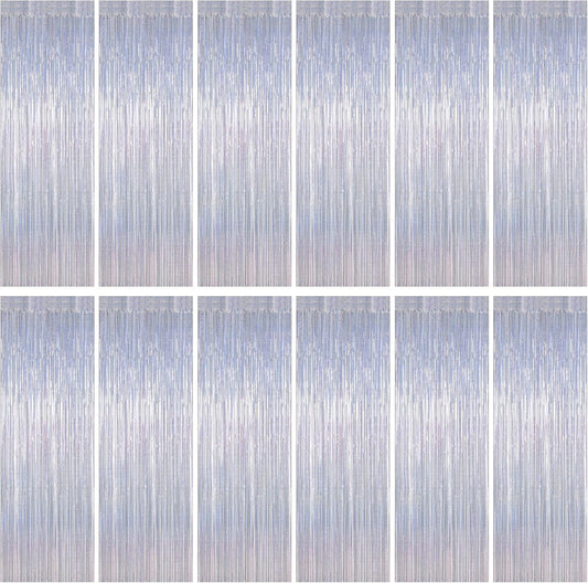 12 Pack Fringe Backdrop, 3.28 FT x 7.08 FT Glitter Silver Tinsel Curtain, Metallic Foil Curtains Party Streamer Disco Backdrop, Silver Party Decorations for Bachelorette Birthday Holiday