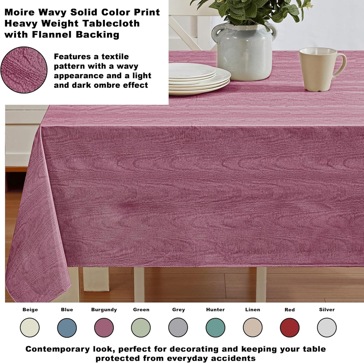 Newbridge Vinyl Flannel Backed Tablecloth, 52 x 70 Inch Rectangle, Burgundy Moire Wavy Solid Design, Heavyweight Indoor Outdoor Waterproof Table Cover, Easy Care Wipe Clean