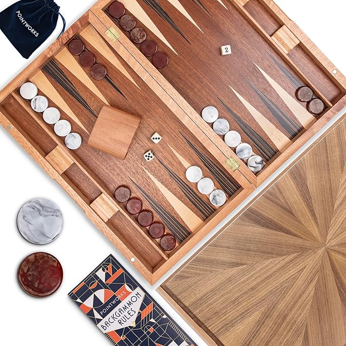 Pointworks 17 Inch Backgammon Sets for Adults. Beautiful Wood Inlaid Backgammon Board Game Set with Unique Checkers & Dice. Large Back Gammon Game Sets Travel Size for 2 Players Nardi or Tavla