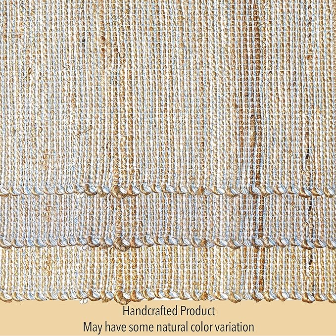 Chardin home Natural Jute Table Runner 13x90 Inch – Vintage Boho Rustic Table Decor – Handwoven Table Runner in Natural Jute and Sky Blue-White – Farmhouse Dining or Console Table Accent