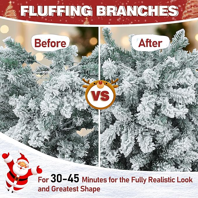 MUPATER 6ft Snow Flocked Christmas Tree Pre-lit, Christmas Flocked Tree with Warm Lights, Artificial Holiday Christmas Tree with Stand for Home, Party