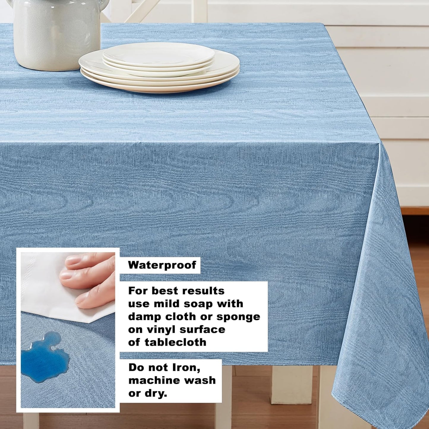 Newbridge Vinyl Flannel Backed Tablecloth, 52 x 52 Inch Square, Blue Moire Wavy Solid Design, Heavyweight Indoor Outdoor Waterproof Table Cover, Easy Care Wipe Clean