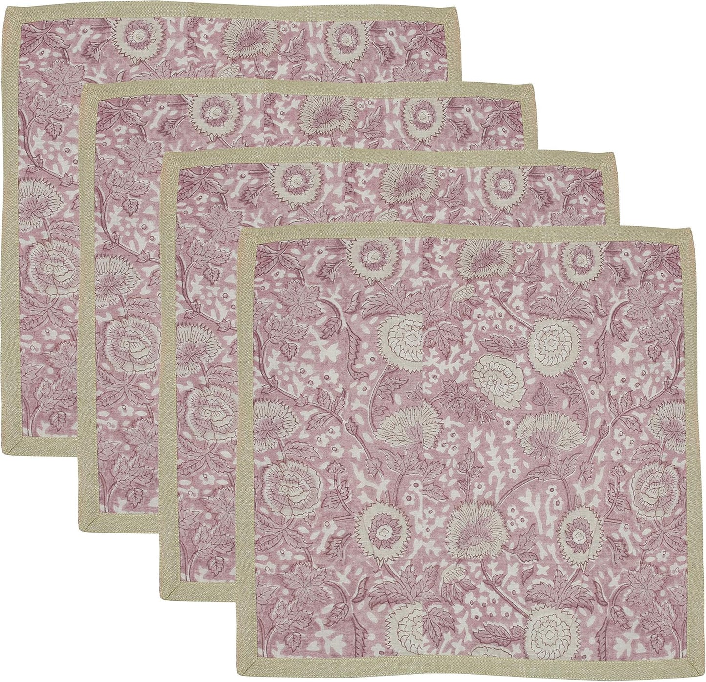 Indtresor Indian Heritage Fabric Cotton Table Linen Reversible Set Runner Napkins Mats in Pink Beige