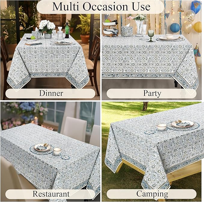 Ridhi Hand Block Print Indigo Rectangle Cotton Tablecloth 108" x 60" Reusable Table Cover Decorative Everyday Use for Dining, Farmhouse, Home Gift for Spring, Easter, Valentine
