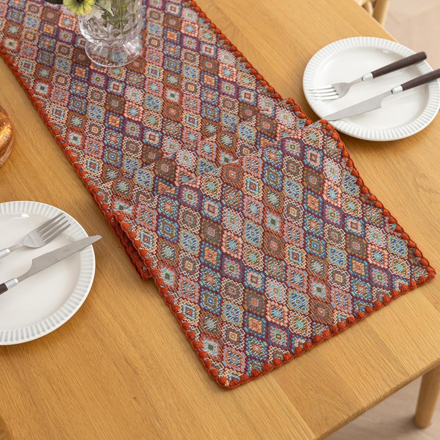 Boho Embroidery Table Runner, Geometry Fall Kitchen Dining Table Decoration for Home Party Decor 13x72Inch