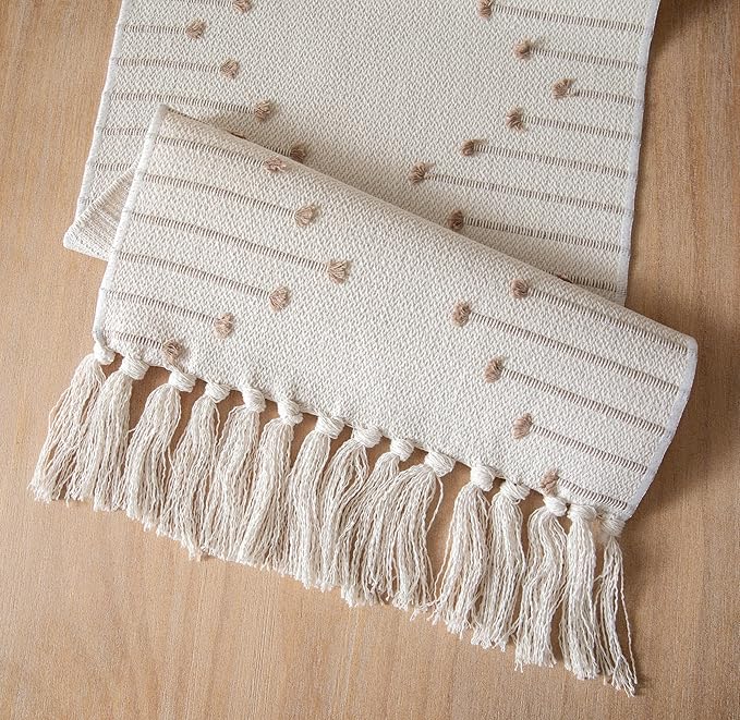 Boho Table Runner 13 x 48 Inch Long Natural Cotton Woven Runner with Tassels for Home Dining Table décor, for Modern Farmhouse Decor Coffee Table Runner, Taupe and Beige