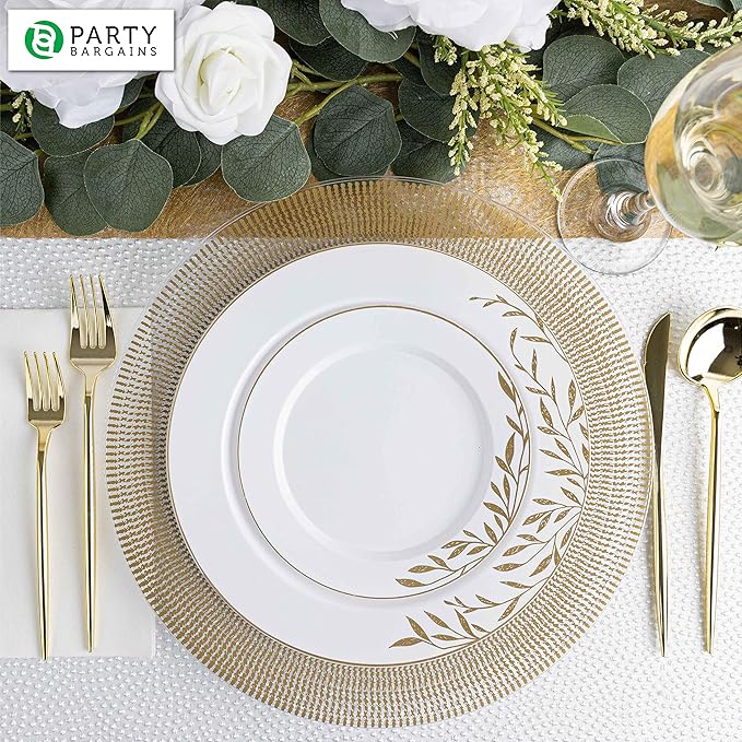 PARTY BARGAINS 13-Inch Charger Plates - 96 Pack, Clear Gold Textured Rim, Heavy-Duty Disposable Chargers for Elegant Dining - Ideal for Weddings and Formal Events
