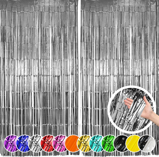 2 Pack Silver Foil Fringe Curtains, Silver Tinsel Backdrop Party Curtains, Decorations for Birthday, Holidays, Parties & More
