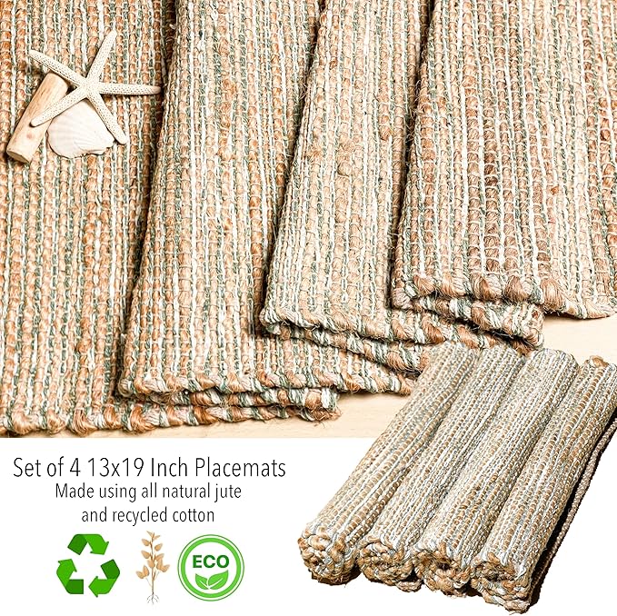 Chardin Home Natural Jute & Sage Green-White Placemats, Set of 4 – Rustic Handmade Boho Table Mats, 13x19 In Dining Table Placemats - Kitchen, Everyday Meals, Holidays, Farmhouse or Modern Table Décor