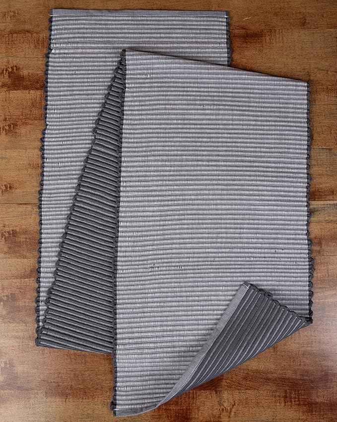 Sticky Toffee Cotton Table Runner, 14 x 72 Inch, Gray Woven Ribbed Farmhouse Boho Table Décor for Kitchen or Dining, Oeko-Tex Certified