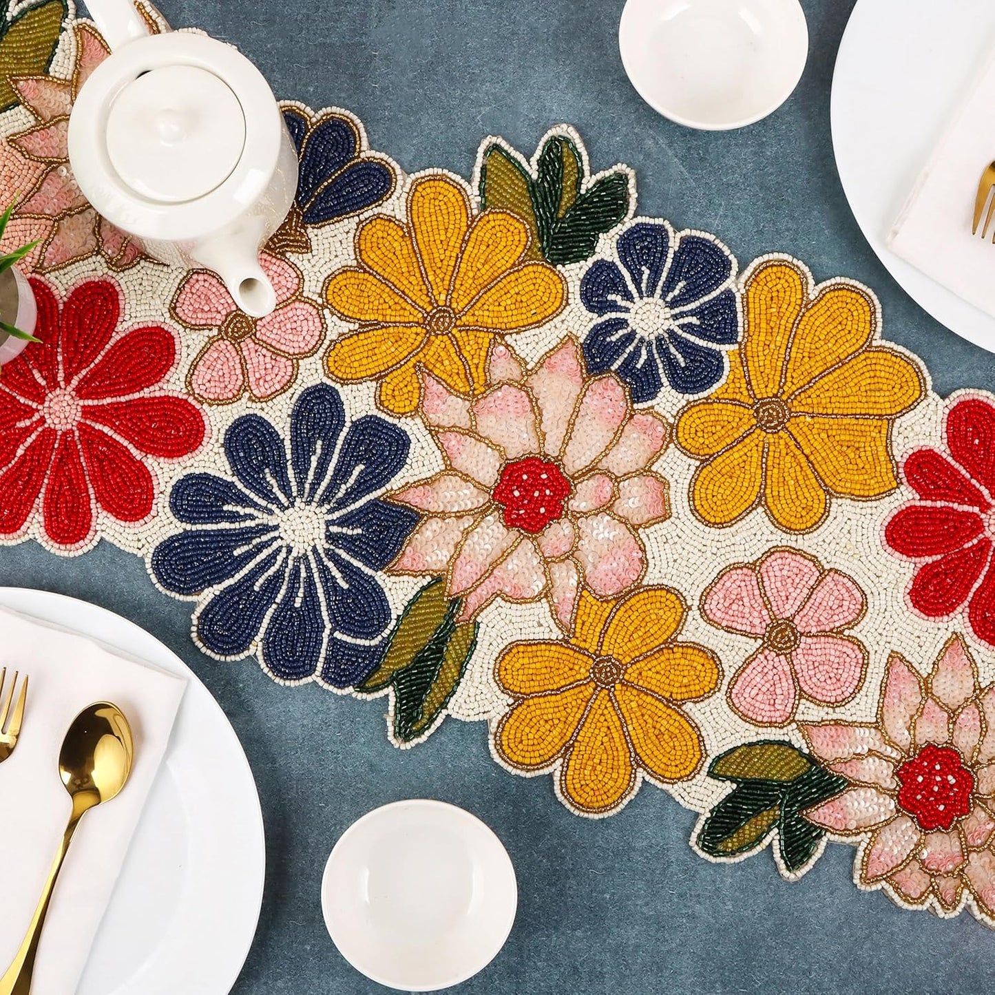 Beaded Table Runners 36 Inches Hand Beaded Decorative Farmhouse Glitz Table Runner for Christmas Wedding Baby Shower Bridal Shower Seasonal Winter Holiday Kitchen Dining Table Yellow Red- CLEENTABLE