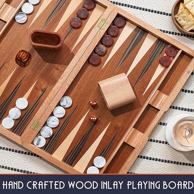 Pointworks 17 Inch Backgammon Sets for Adults. Beautiful Wood Inlaid Backgammon Board Game Set with Unique Checkers & Dice. Large Back Gammon Game Sets Travel Size for 2 Players Nardi or Tavla